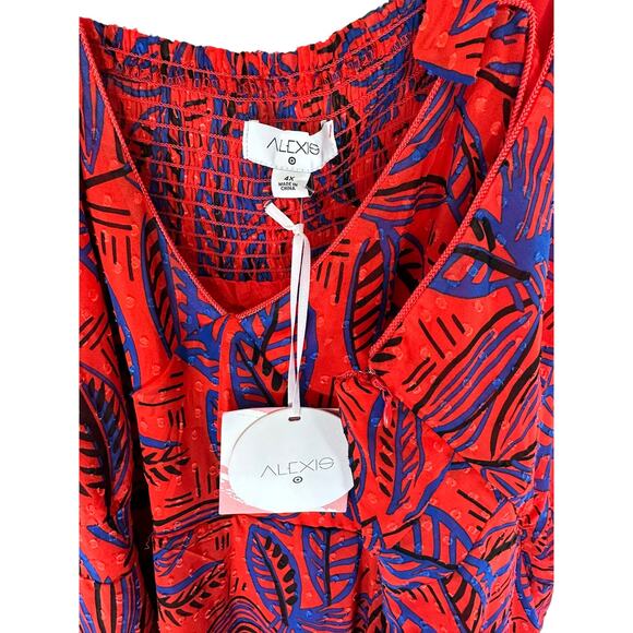 NWT Alexis Target Red Blue Plus Tie Strap Tropical Leaf Asymmetrical Dress 4X - Picture 3 of 13